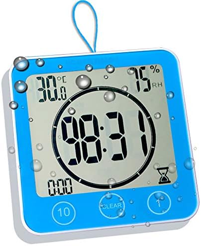 Waterproof Bathroom Clock and Timer for Shower, Digital Water Resistant Shower Alarm Clocks with Suction Cup, Water Proof Bathroom Hanging Wall Clock Humidity Temperature Meter, Touch Screen (Blue)