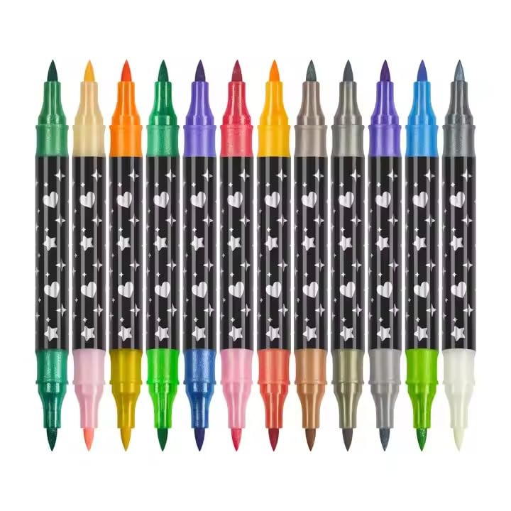 Image of Amitasha 24 Color Shades Art Marker Glitter Brush Pen Set Soft Dual Tip Water-based Shimmer Colors Sketch Pen for Kids Adults DIY Greeting Birthday Cards Scrapbook (12 Pens = 24 Colours)