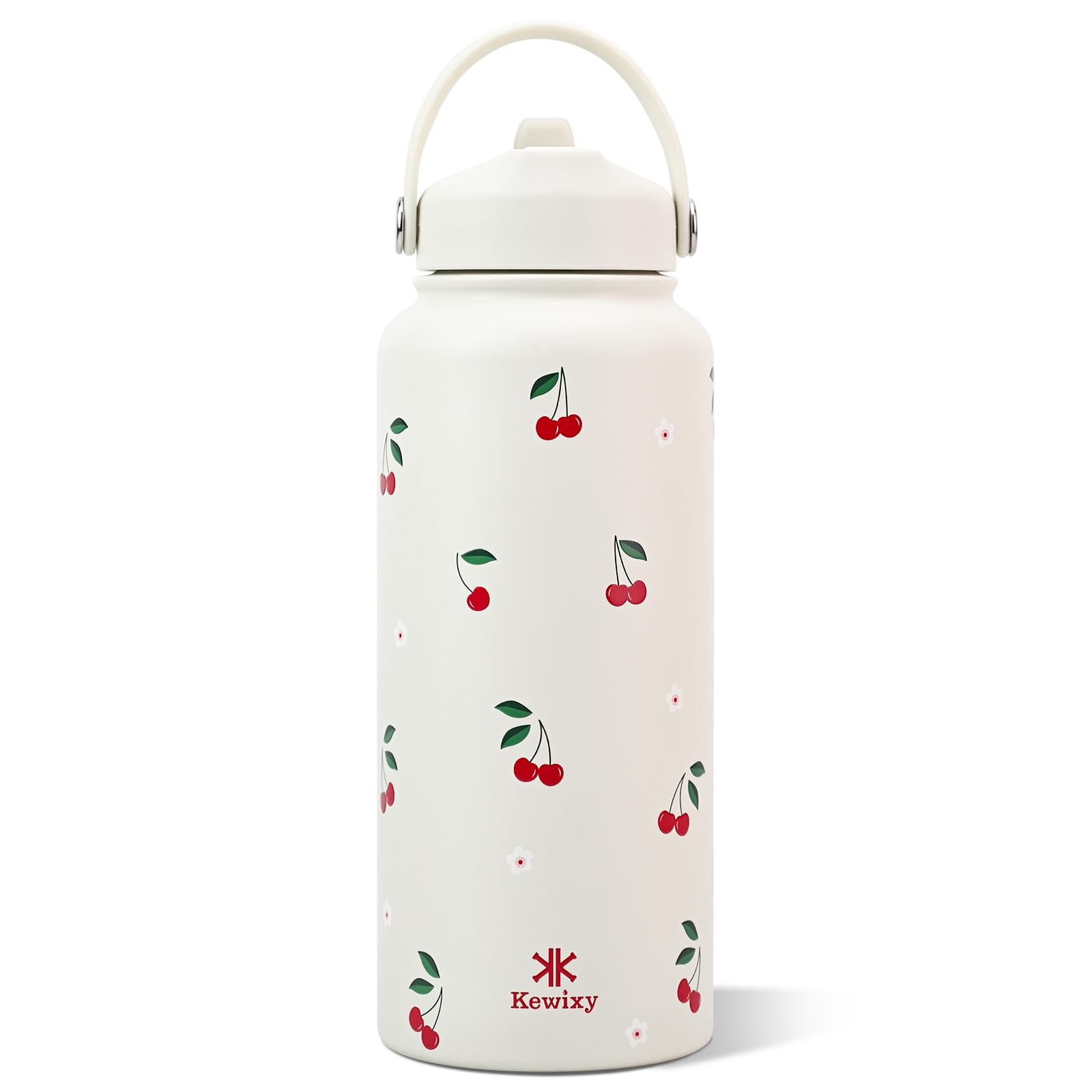32 oz Insulated Water Bottle with Straw, Leak Proof Water Bottle Stainless Steel with Flip Straw and Handle, Metal, Reusable, Wide Mouth, for Travel, Gym and School (Cream Cherry)