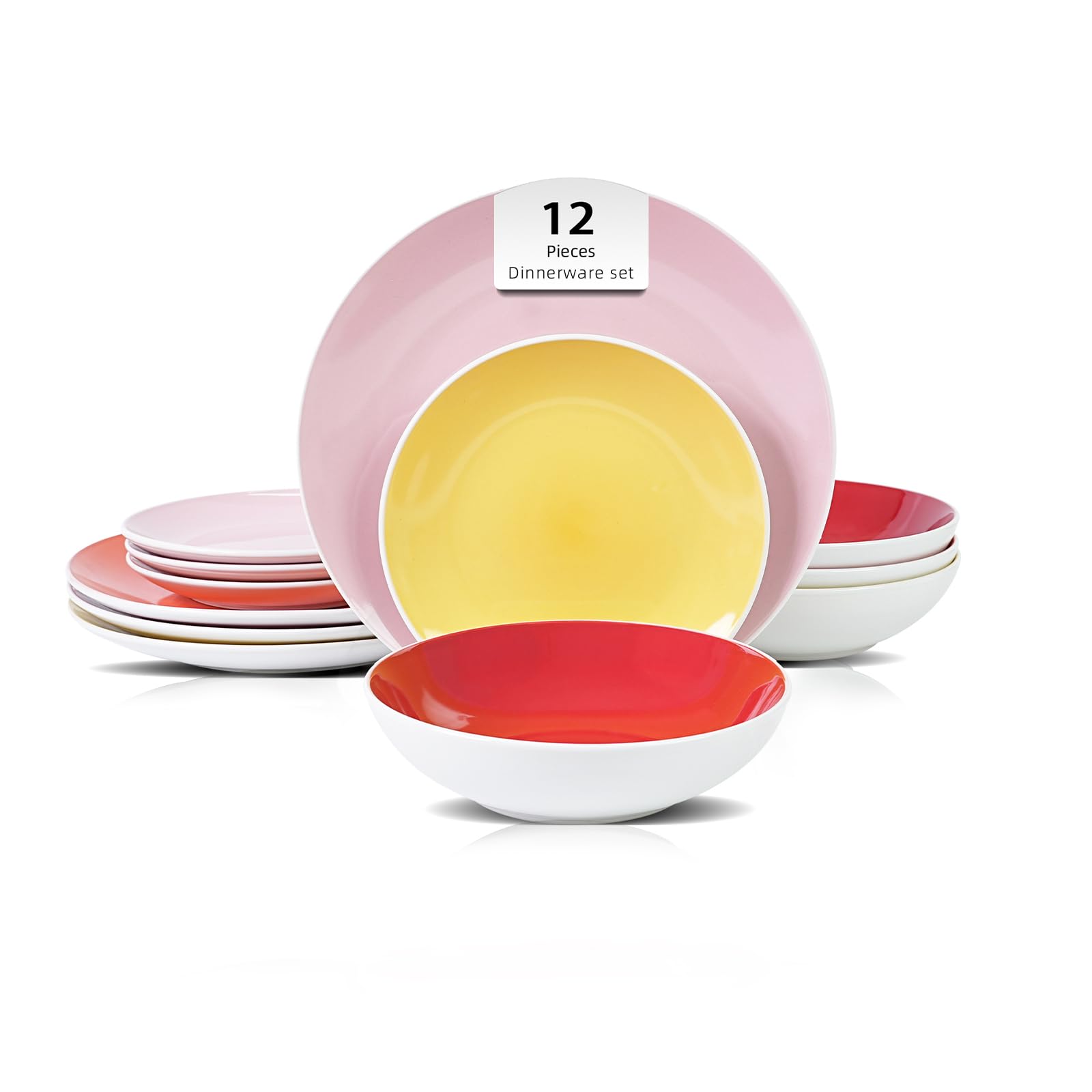 HomeVss, Juego de vajilla de cerámica en forma de cupé, exterior blanco + interior (juego de 12 piezas, muy rosa)