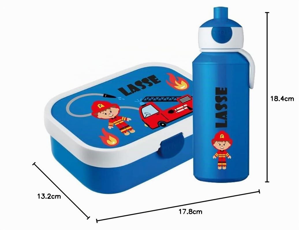 4youDesign | Blaue Brotdose mit Fächern & Trinkflasche -Feuerwehr- personalisiert mit Namen I Campus mit Bento-Box & Gabel Jungen & Mädchen (Cool Blue)