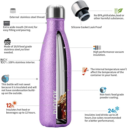Image of BJPKPK Insulated Water Bottles 17oz Stainless Steel Sports Water Bottles Keep Cold for 24 Hours and Hot for 12 Hours,BPA Free,Glitter Purple