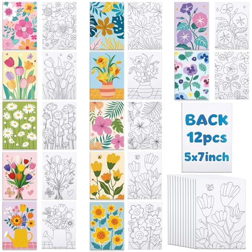 Louise Maelys Pre Drawn Canvas to Paint - 12 Packs Floral Theme Pre-Stretched Canvas Panels (5x7 inch) Pre Printed Painting Canvas Kit for Beginners