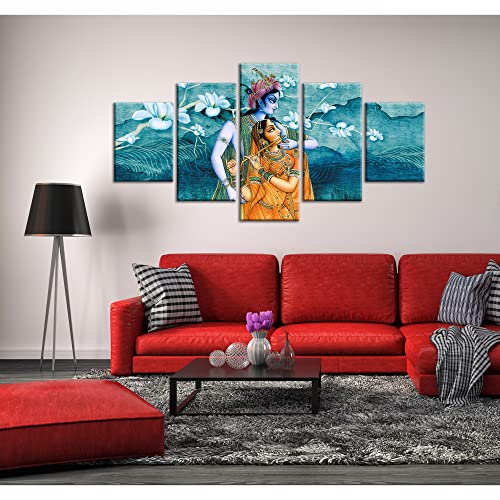 Krishna Radha Canvas Wall Art Hindu God Wall Decor Hinduism Frame Picture Printed Indian Painting Poster Stretched Office Home Living Room Bedroom Decoration 5 Panels(60X32 Inches) #TOP3