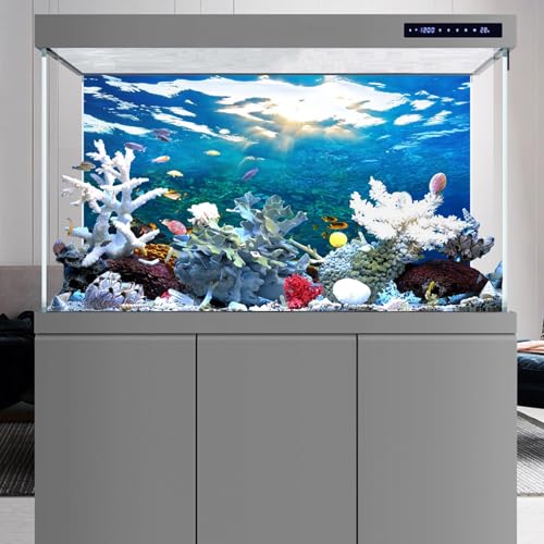 Image of YongFoto Ocean Theme Fish Tank Background 48x18 inch Seaweed Coral Reef Rock Seafloor Tropical Fish Underwater Sea World Polyester Backdrop Reptile Habitat Terrarium Aquarium Background