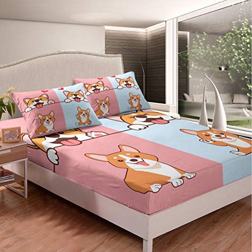 Kids Cartoon Dog Fitted Bottom Sheet Queen Size Smiling Doggy Corgi Faily Pet Bed Sheet 3 Pieces Fits Mattresspink Blue Bottom Soft Microfiber Sheets Breathable Bedding Kids Teens #TOP28