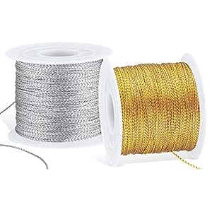 Lushly 2 Rouleaux Fil d’or Métallique Cordon 100m, Ficelle Dorée, Tressé 1mm, à Broder en Polyester pour Papier Cadeau Décoration Artisanat DIY (Or, Argent), Argent, Or, (Lushyp096)
