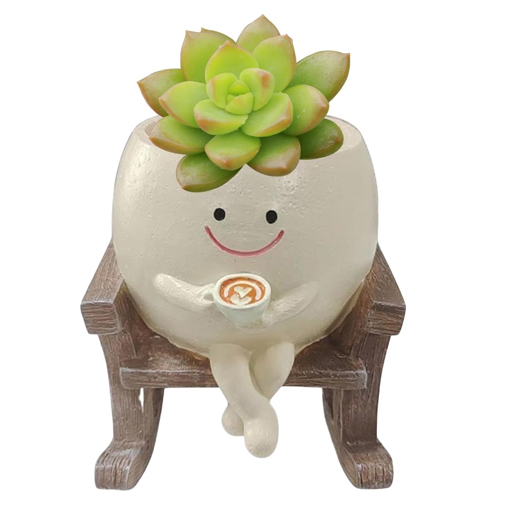 KBIBCK Smile Face Planter Pot, Cute Plant Pot with Face, Resin Swinging Sit Flower Pot with Drainage Hole