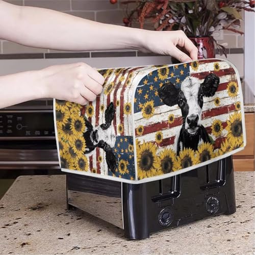 Image of Talayituse Cow Sunflower American Flag Print 2 Slice Toaster Covers Dust Protection Bread Maker Covers Toaster Oven Cloth Cover Kitchen Accessories Washable Appliance Cover, S