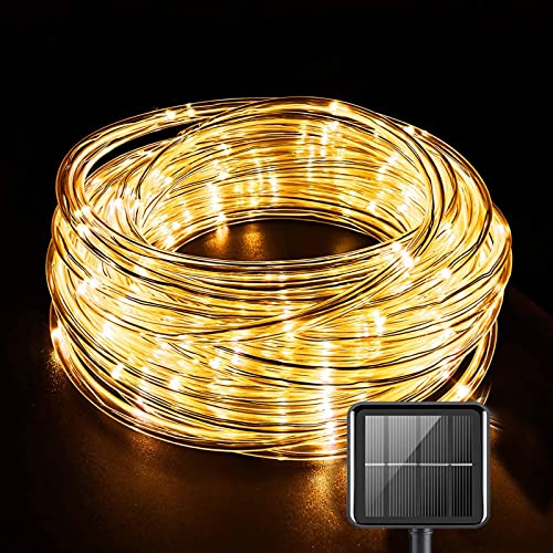 Ovker Lumières de Corde Solaire,120 LEDs 12m Guirlandes Solaires Extérieures,Solaire Ruban Lumineux Imperméable pour Noël Jardin cour Chemin Clôture Arbre Backyard (Blanc chaud)