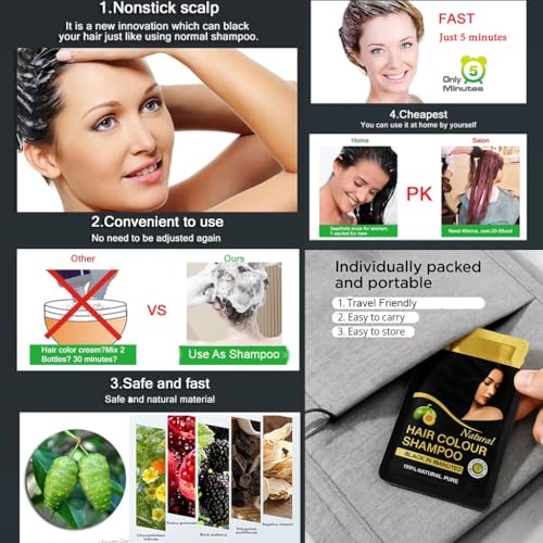 Image of Adbeni Natural Black Hair Color Shampoo with Conditioner for Men & Women | 5 Minute Grey Coverage | Ammonia Free, No Harsh PPD | Herbal Hair Dye Shampoo | 25ml x 5 Sachets