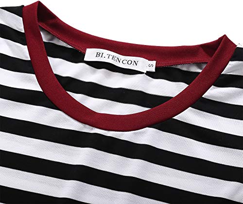 Image of BI.TENCON Women's Striped Pleated Casual A-Line Dresses Knee Length with Pockets
