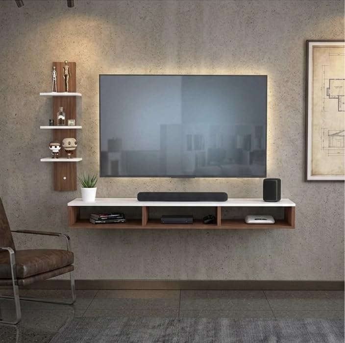 Image of 32 inches Broad Based Engineered Wood Wall Mount TV Entertainment Unit with Single Pillar Decor Shelves, Best Suits 42 inches tv
