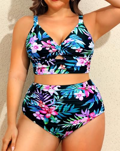 Image of Daci Plus Size Two Piece Swimsuits - Women High Waisted Bikini Tummy Control Bathing Suits Knot Twist Swimwear 2025