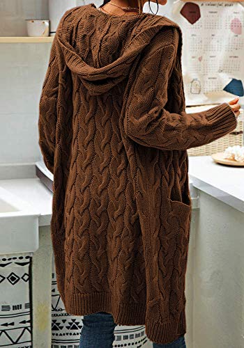 Image of Women Hooded Open Front Cardigan Cable Knit Chunky Long Sweater Coats | solid color, cable knit ,long duster cardigan,chunky coatigan,winter ,falll ,side pockets