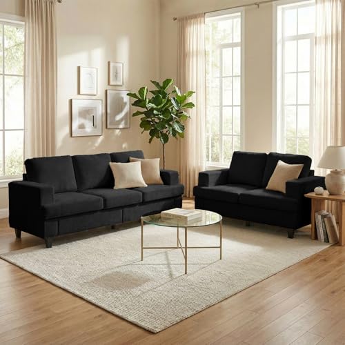 Image of Mjkone 2 Pieces Living Room Sofa Sets, 82 inch W 3 Seat Sofas Couch and Loveseat Set, Sectional Couches Living Room Furniture Set, Sectional Couch Set for Home Office, 3-Seat Sofa + Loveseat, Dark Grey