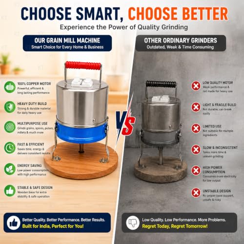 Image of DRUMSTONE ( 2026 Brings 5 Years WARRANTY ) Copper Motor Grain Mill Machine Heavy Duty Flour Grinder for Home & Small Business Use, Pure Wood Base, Powerful 8 No. Madhana