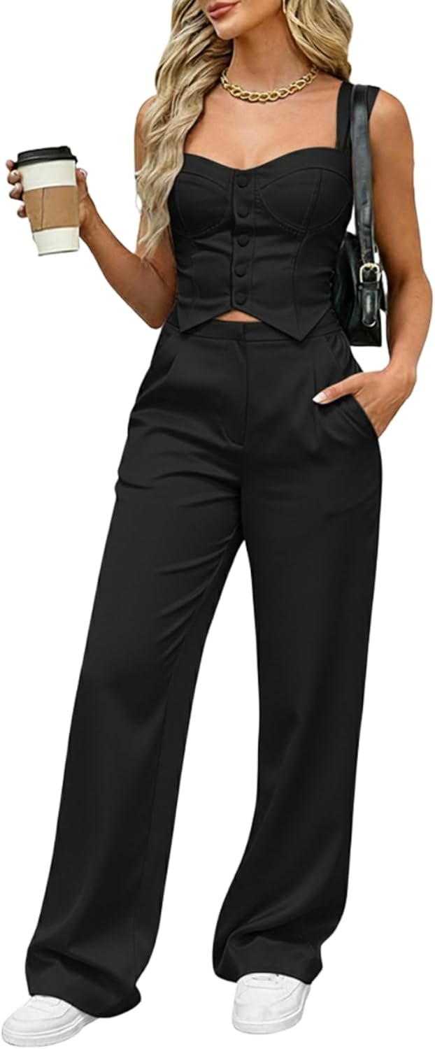 CHICME Women's 2 Piece Outfit Thick Strap Button Front Tank Top with Wide Leg Pants Casual Outfit Sets