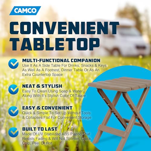 Image of Camco Adirondack Portable Outdoor Camping Small Weatherproof Rustproof Durable Plastic Folding Side Table for Indoor and Outdoor Use, Taupe