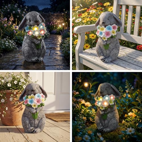 PETAFLOP Solar Garden Statues Outdoor Decor, Rabbit Figurines with Flowers for Patio Balcony Lawn Yard Decorations, Birthday Housewarming Gifts for Women Mom Grandma — view 6