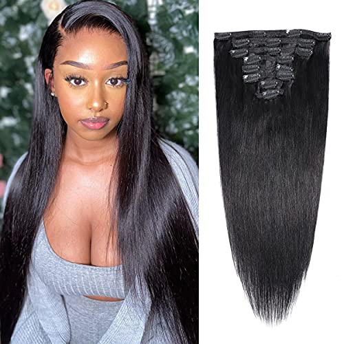 Straight Human Hair Clip in Hair Extensions for Black Women Brazilian Virgin Remy Hair Soft Silky Straight Clip in Hair Extensions Human Hair Natural Black Color 8pcs 140g/set 18 Inches