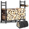 Brightown Firewood Rack Indoor with Log Carrier, 34inch Outdoor Wood Rack for Firewood,Fire Wood Storage with Kindling Hooks, Adjustable Pads, Heavy Duty Logs Holder for Fireplace Deck Outdoor, Black