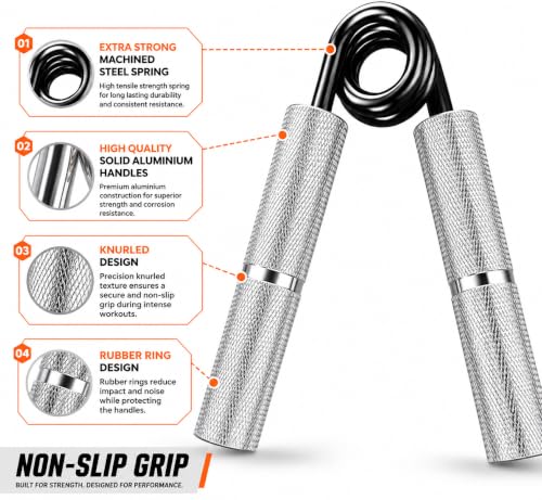 Image of LeCore 150 LBS Heavy Duty Metal Hand Grip Strengthener | Aluminium Hand Gripper for Grip Strength, Forearm, Wrist & Finger Exercise | Non-Slip Knurled Handle | Gym, Rock Climbing, Rehabilitation | Silver