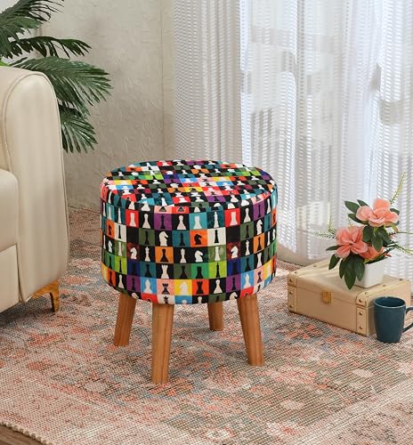 Image of NACIA Printed Ottoman Stool Set of 2 | Soft Cushioned Velvet Pouf Footrest with Wooden Legs | Decorative Seating Stool for Bedroom Living Room Home & Office (16x16x17 Inch, Multi Chess)