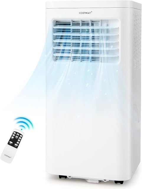 COSTWAY 4 in 1 Portable Air Conditioner, 7000/9000 BTU Mobile Cooler, Fan and Dehumidifier with Sleep Mode, 24H Timer, 2 Fan Speed, Remote Control & LED Display & Window Kit (9000BTU)