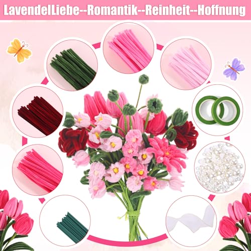 MKLG 385 Stück Pfeifenreiniger Blumen Set, Pfeifenputzer Blumen Zum Basteln, Mit Grüne Blumenstöcke, Klebebandrollen, Klebestifte, Anleitungen, Blumenstraußverpackungen, Bänder, Staubgefäße etc