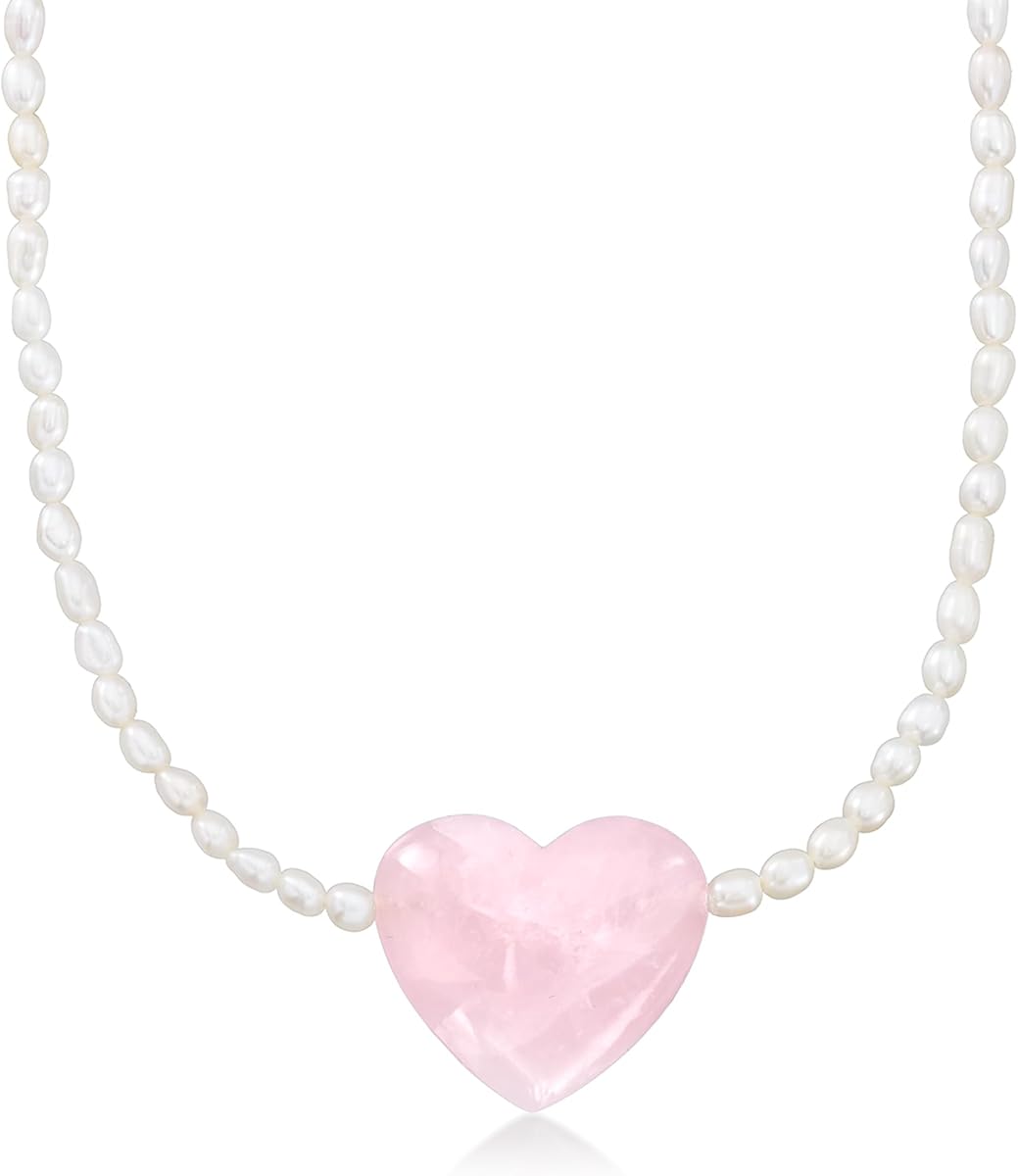 Ross-Simons Collar de perlas cultivadas de 4 a 4,5 mm y corazón de cuarzo rosa de 55 quilates con oro de 18 quilates sobre plata de ley
