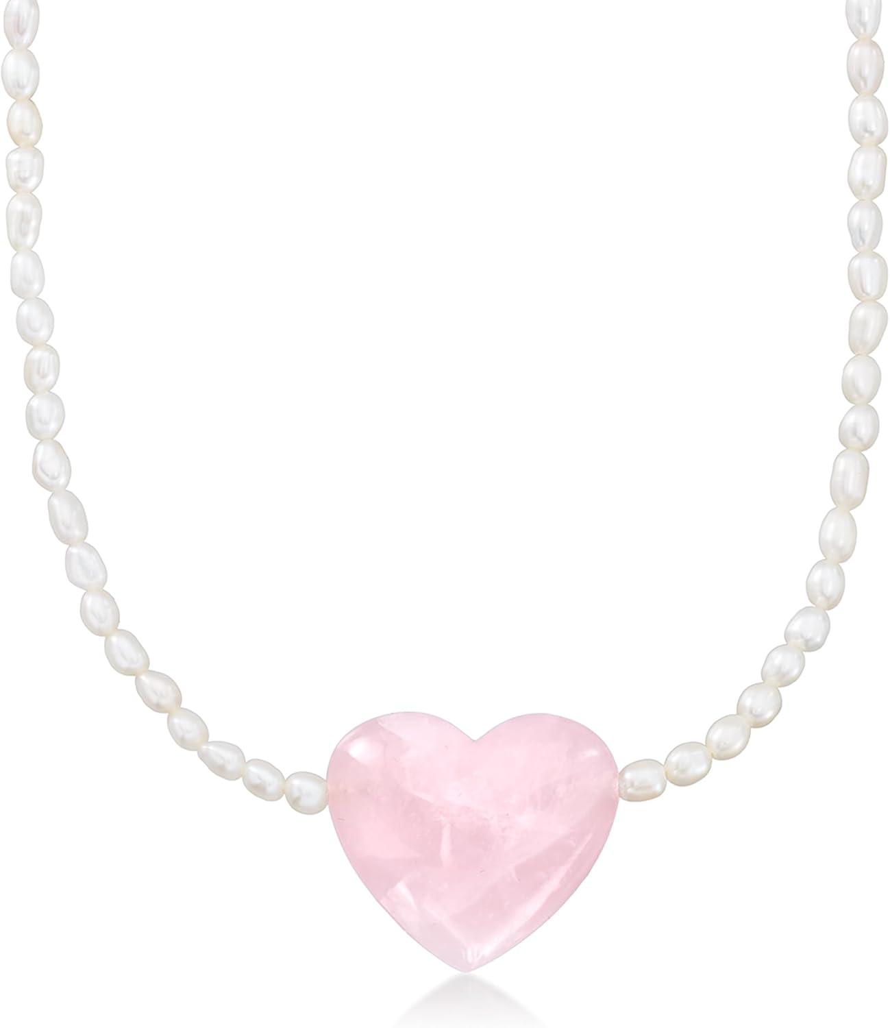 Ross-Simons 4-4.5mm Cultured Pearl and 55.00 Carat Rose Quartz Heart Necklace With 18kt Gold Over Sterling