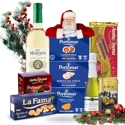 Familycom. Cesta de Navidad Gourmet. Surtido con Chocolates originales de regalo. Lote con Turrones, Trufas, Zamburiñas, Mejillones, Bonito del Norte, aceitunas. Vino y Champagne.
