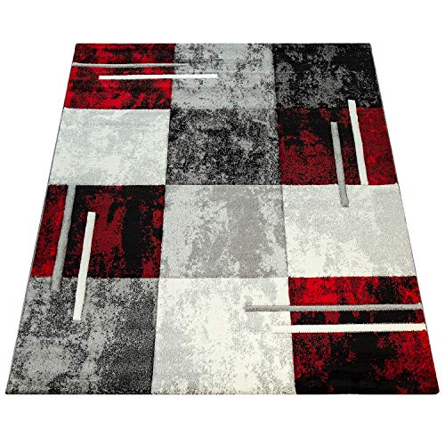 Paco Home Designer Carpet Modern With Contour Cut Chequered In Silver Black Red, Size:120x170 cm