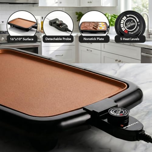 Image of OVENTE Electric Griddle with 16 x 10 Inch Non-Stick Plate, Copper GD1610CO