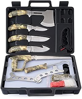 GVDV Hunting Knife Set - 14 Pieces, Deer Hunting Gear Butcher Game Processor Set, Field Dressing Kit with Gut Hook Skinner Knife, Axe, Bone Saw, Spreader, Gloves, Hunting Gifts for Men