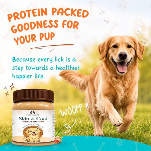 Image of Pups & Paws Skin & Coat Peanut Butter for Dogs, 350g Flax Seed Enriched Dog Treat & Food Topper, Xylitol Free High Protein Training Reward for Puppies & Adult Pets