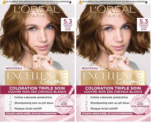Coloration 5.3 Châtain Doré Enrichie En Acide Hyaluronique Hydratation Longue Durée Excellence Crème 'oreal Paris La Boîte