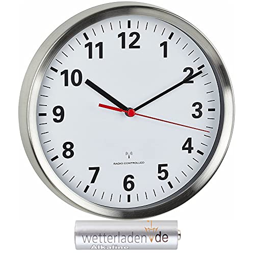 TFA Dostmann 60.3529.02 Funkwanduhr mit geräuscharmen Sweep Uhrwerk (Edelstahl/Weiss mit Batterie)