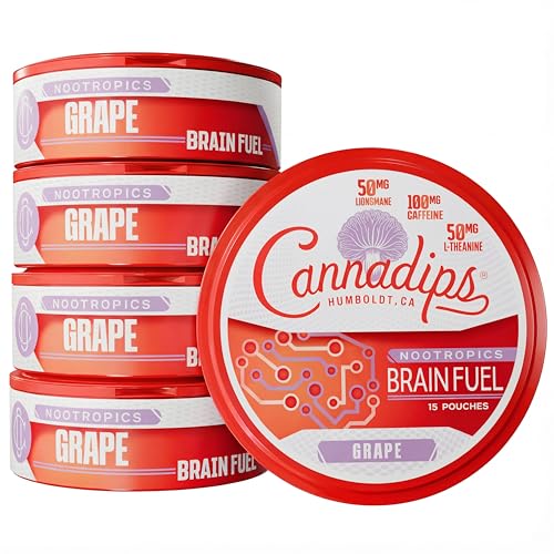 Cannadips - Grape Energy Pouches - Nootropic Caffeine Pouches - 50mg Lions Mane 100mg Caffeine 50mg L-Theanine No Sugar - Clean Energy Brain Fuel for Cognitive Performance - Made in USA (5-Pack)