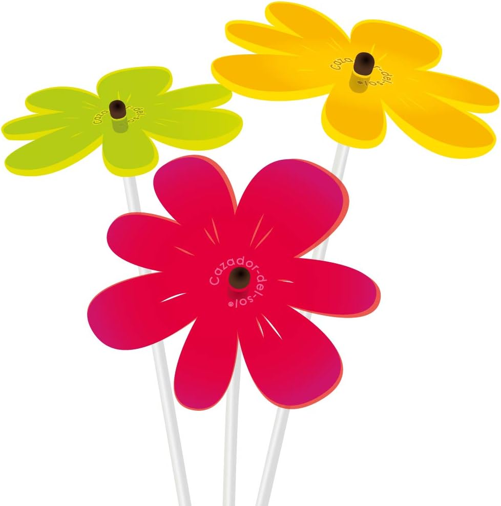 Cazador-del-sol Nea - Set of 3 Solar Powered Glowing Disc Flowers in Red, Yellow, Green - 17''