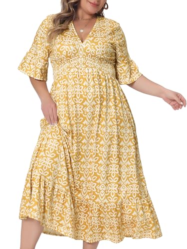 Image of Agnes Orinda Plus Size Dress for Women Bell Sleeve Ruffled Hem V Neck Short Sleeve Boho A Line Long Dresses 1X Yellow