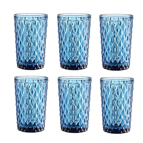 Bandesun Blue Drinking Glass Set Of 6 - Tumbler（12 Oz） Kitchen Glasses Diamond Glassware，For Water，Cocktail，Milk，Juice And Beverage. #TOP1