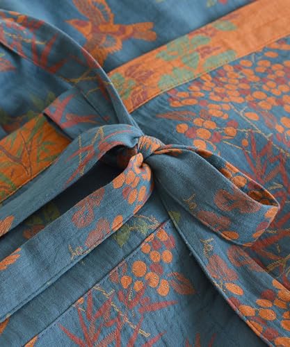 Women\'s Cotton Robes Gauze Kimono Robe Yukata Jacquard Bathrobe Japanese Sleepwear Belted Wrap Floral Loungewear(Blue-M)