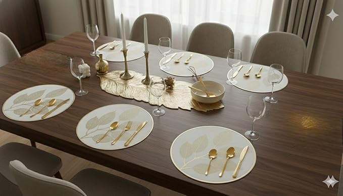 Image of Dakshya Industries Dining Table Mats Set of 7 | 6 Round PVC Placemats with Decorative Leaf Runner