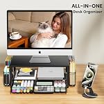 Organisateur de bureau et accessoires avec support cellulaire, réglable en hauteur 2-Tier Riser de stand de moniteur d'ordinateur avec tiroir et 2 Porte-stylos, Accessoires de bureau pour fournitures de bureau, Noir
