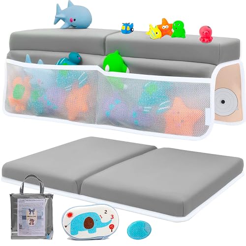 Image of Bath Kneeler and Elbow Rest pad Set with Baby Bath Brush and Sponge, Thick Non-Slip Bath Kneeler Mat with Padded Cushion, Quick Drying, Arm Support, Perfect Kneeling pad for Bathing Baby