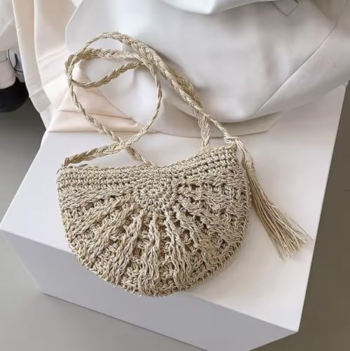 Boho Crossbody Shoulder Bag for Women - Straw Bohemian Style Beach Purse with Tassel - Small Natural Beige Woven Ladies Handbag for Travel and Vacation4