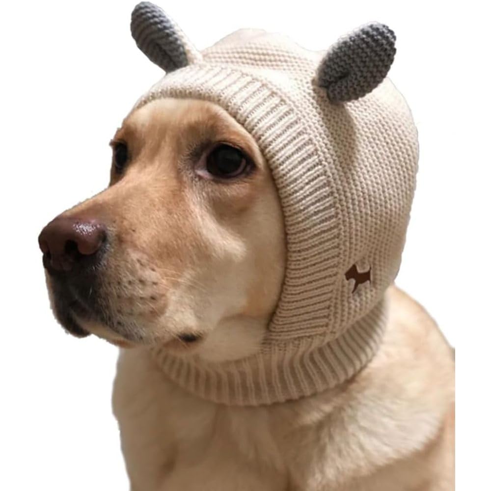Uneeruiqy Beige Dog Knitted Hat, Dog Ear Muffs Noise Protection Quiet Ears for Dogs, Winter Ear Warmer Hat for Medium Large Dogs Cats