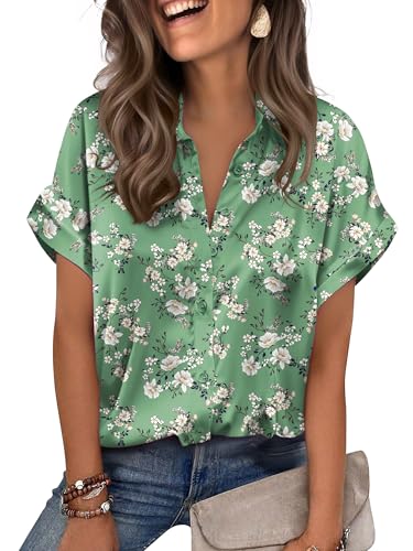 Zeagoo Womens Satin Blouse Short Sleeve Silk Tops Button Down Shirts Business Casual Outfits Green Floral